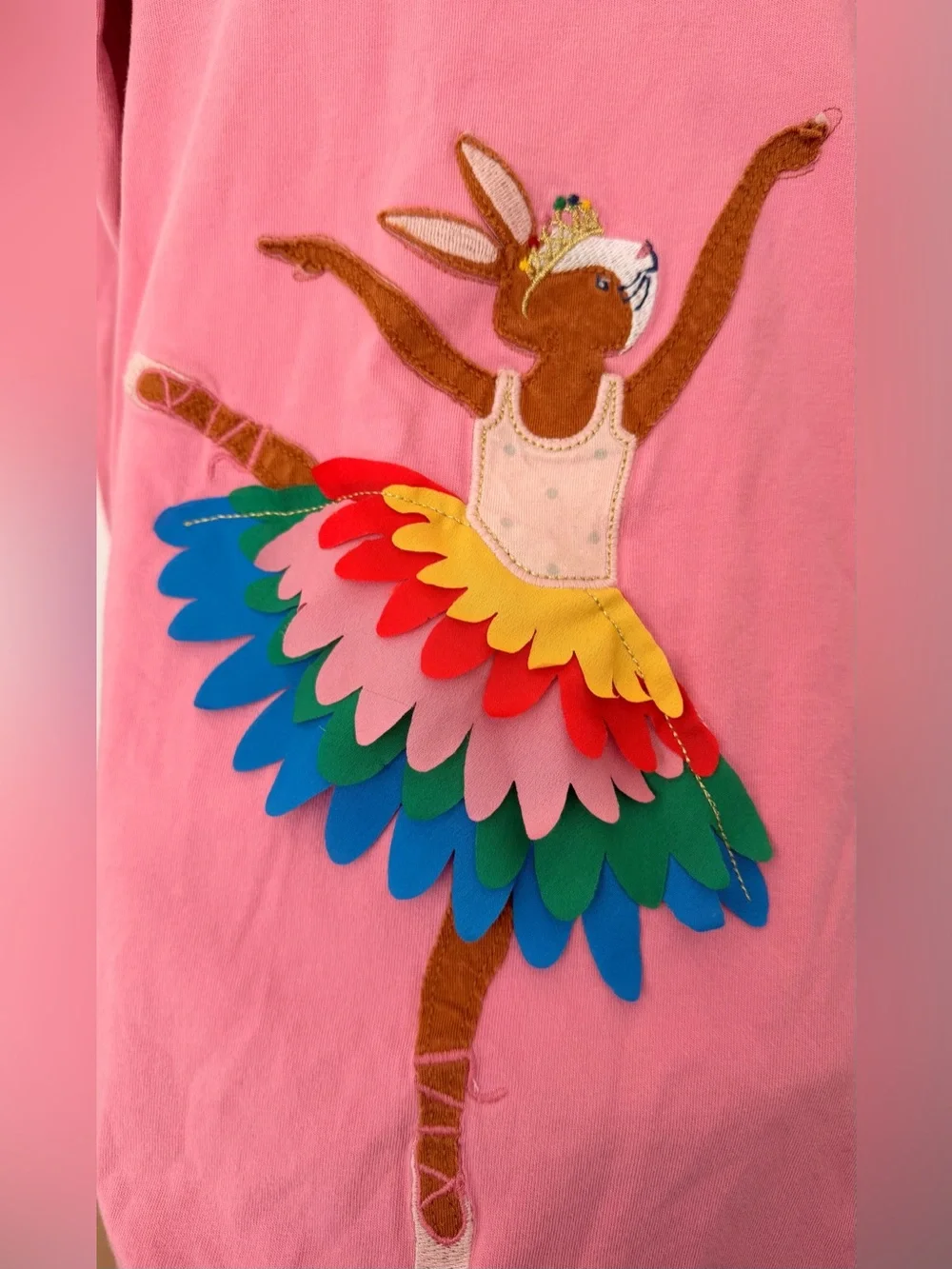 Mini Boden girls 4-5 pink dress with ballerina bunny appliqué, 100% cotton.